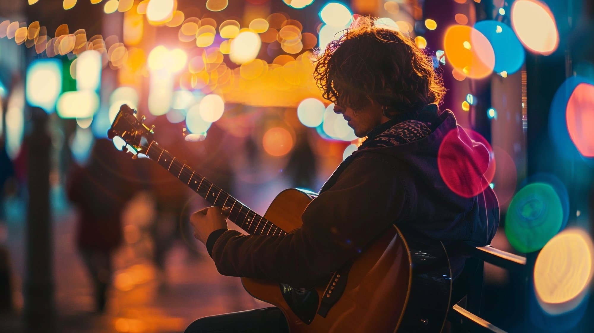 A young busker playing acoustic guitar on a city street at night, surrounded by blurred, colorful bokeh lights.