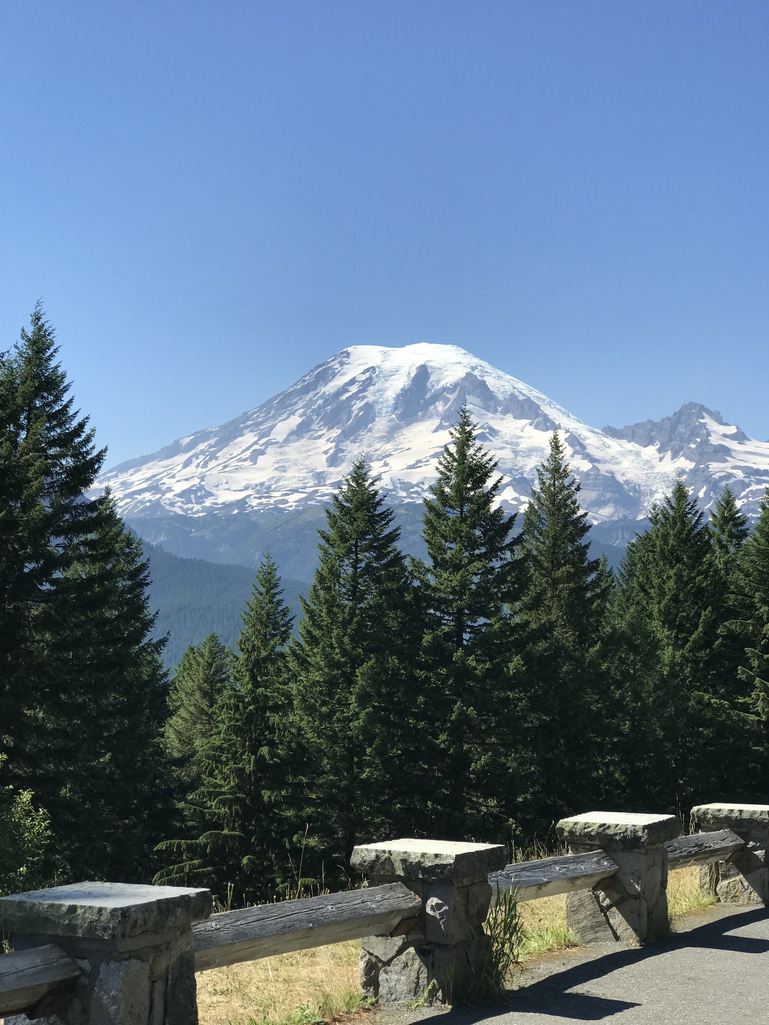 Snow-covered Mount Rainier rising above evergreen forest and a roadside stone barrier.