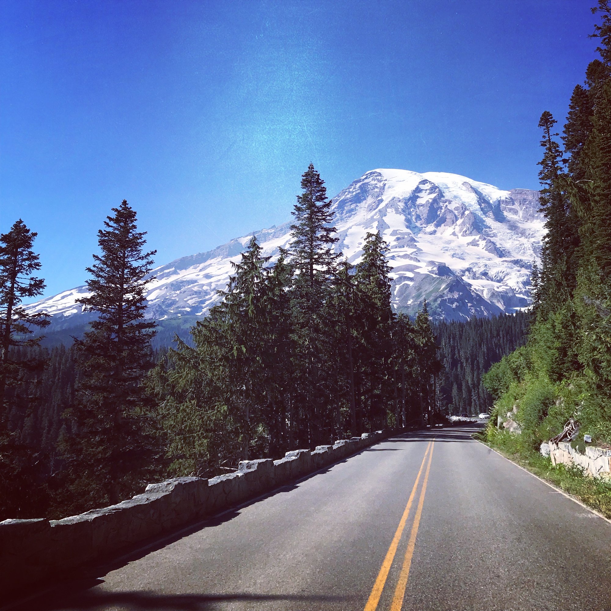 A two-lane road leading toward snow-covered Mount Rainier, framed by evergreen trees.